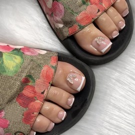 French Tip Press on Toenails Short Square Fake Toe Nails 3D Butterfly Nail Charms Design Acrylic Toenails Glossy Glue on Toenails Full Cover Artificial Toenails Summer Fake Toenails for Women 24Pcs