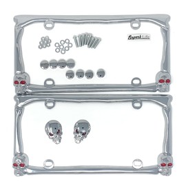 Skull Red Eyes in Flames License Plate Frame Set of 2 with 2pcs 3D Skull Metal Emblem Badge Sticker Decal (Silver)