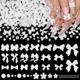 200 Pcs White Bow Nail Charms, 3D Bows Bow Tie Nail Art Charms for Acrylic Nails Flowers Resin Nail Charms Half Nail Pearls, Mixed Bows Bowknots Nail Art Charms for Nail Art DIY Accessories