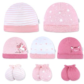 DOKMA Organic Cotton Baby Mittens and Caps Set with Cute Bunny Design for Newborn 0-6 Months -, No Scratch, Ultra Soft - 5 Caps x 3 Mittens, Pink Purple