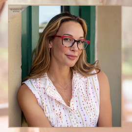 Madison Avenue Square Vintage TR90 Blue Light Blocking Reading Glasses for Women with Case, Anti Glare/Eyestrain Computer Readers Red Tortoiseshell +1.75