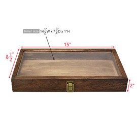 MOOCA Natural Wood Tempered Glass Top Jewelry Display Case Accessories Storage Box with Metal Clasp, Wooden Jewelry Tray for Collectibles, Pocket Knife Display Case, Brown