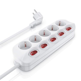 CSL Power Strip 5-Way Switchable with On/Off Switch for Each Socket - 5 Earthing Contact Sockets - Multiple Socket - up to 3680 W - IP20 - 1.5 m Power Cord - White