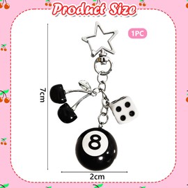FloralGrace 1 Piece Black Lucky Dice Keyring, 8 Ball Keychain, Cherry Bag Pendant with Star for Men and Women, Cute Y2K Accessory