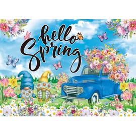 Hello Spring Easter Backdrop Colorful Flowers Butterfly Blue Truck Garden Photography Background Adult Children Birthday Party Decorations Banner Holiday Photo Props (7x5FT)