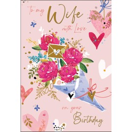 Jonny Javelin Wife Birthday Card - Happy Birthday Card with Floral Bouquet and Love Hearts Design with Embossed Foil Details - Birthday Card for Women
