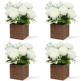 SEMONONIA Dining Table Centerpiece Set of 4 - Artificial Peony Flowers with Wooden Vase - Boho Fake Rose Bouquets Small Faux Silk Floral Arrangement for Wedding Party Bathroom Home Décor, White