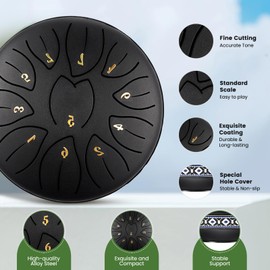 Steel Tongue Drum, Couleeur 6 Inch 11 Notes Tongue Drum, C Key & Rust-Proof Hand Drum Percussion, Leaf Pattern Handpan Drum Garden with Drum Bag and Percussion Instruments for Music Therapy