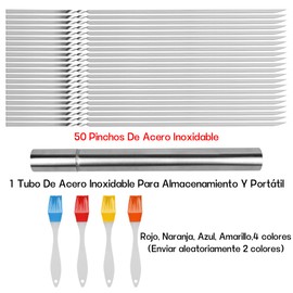 HuLuHouse® Brochetas deAcero Inoxidable,Espadas para Asar Carne,Juego de 50 Brochetas para Barbacoa, 1 Tubo de Almacenamiento y 2 Cepillos de Goma,Ideal para Fiestas al Aire Libre, Picnics, Barbacoas
