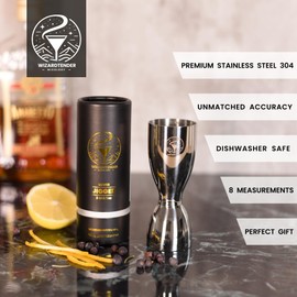 Cocktail Jigger for Bartending | Bar Jigger 2 oz 1 oz | Stainless Steel Cocktail Measuring Cup | Liquor Shot Measure Jiggers | Silver Shot Measuring Cup | Double Bell with 8 Marks | Wizardtender