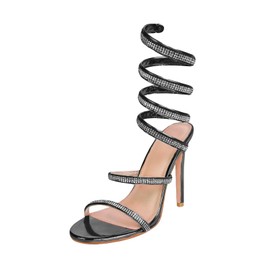 Baffoloo Women's Rhinestone Gladiator Sandal, High-Heel Party Shoes, Ankle Wrap Up, Size 7, Black