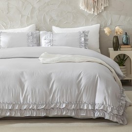 Bedorm Gray Duvet Cover Set Queen Ruffle Bedding Set Pleat Ruffled Shabby Chic Comforter Cover Extra Soft & Easy Care Gray Boho Duvet Cover with Zipper Closure