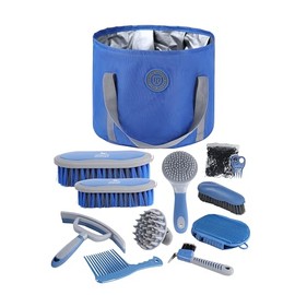 Harrison Howard- Kit de aseo para caballos de 9 piezas, serie Cuidado Equino, con cepillos y bolsa organizadora azul marino.