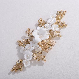 Xerling White Flower Champagne Rhinestone Hair Comb Bridal Wedding Floral Side Comb Women Hair Accessories Headpiece Head Jewelry for Brides Prom Gift (Champagne)