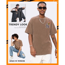 AugYew Mens Graphic Tees Vintage Unisex Acid Wash Printed Streetwear Cotton Oversized T-Shirts Loose Fit Basic Summer Trendy Tops for Men Women,Coffee,XL