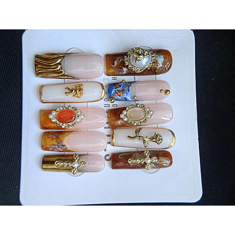 Long Square Coffin Acrylic Fake Nails with Gold Flower，3D Handmade
