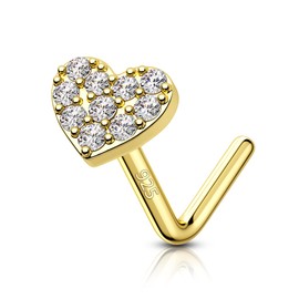 COCHARM 14K Gold Plated 925 Sterling Silver Nose Ring Stud 20g Heart Gold L Bend Nose Piercing 7mm Long Press Fit Nostril Stud Sterling Silver Flat Top Nose Jewelry for Women