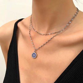 Inilbran Boho Layered Crystal Evil Eye Necklace Silver Greek Eye Necklace Choker Vintage CZ Demon Eye Pendant Necklace Sparkling CZ Turkish Evil Eye Protection Necklace, Zinc, No Gemstone