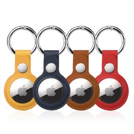4 Pack Airtag Holder, Air Tag Keychain, PU Leather Airtag Case, Air Tagsmate for Luggage, Comes with Ring Metal Snap Keyring for Luggage, Keys, Pets, Kids Bag
