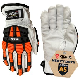 Cestus 3219, Goatskin Leather Impact Gloves, ANSI Cut A5, Heavy Duty Work Gloves for Construction Oilfield Demolition (3 Pairs, Large)