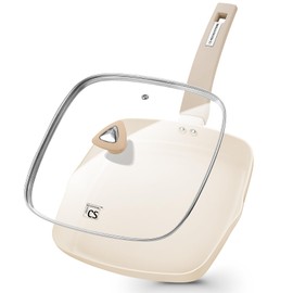 KOCH SYSTEME CS Nonstick Grill Pan for Indoor Cooking, 9.5 Inch Ceramic Square Frying Pan with Lid, Versatile Nonstick Griddle Pan for Stove Tops, Induction Compatible, Toxic-Free, Cream White