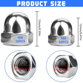 XSHAO® Acorn Nuts High Shape Set M6 / M8 Acorn Nuts Stainless Steel Cap Nut Hexagonal for Screws Threaded Rods Threaded Bolts Pack of 100