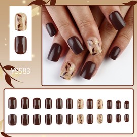 OHWODA Square Press on Nails Short Brown Fake Nails Gold Glitter Brown Leaf Artificial False Nails Full Cover Acrylic Glue on Nails Cute Stick on Nails for Women Girls Nail Art Decorations 24Pcs