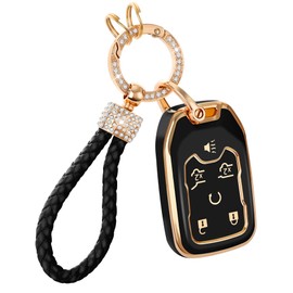 Slowrefine Key Fob Cover with Keychain - Compatible with Chevy Suburban Tahoe GMC Terrain Yukon XL - Soft TPU Case for Smart 6 Buttons - Bling Keychain (Black)