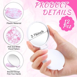 Quzzil 12 Pcs Floral Small Compact Mirrors Bulk for Women Mini Pocket Mirrors Purse Travel Makeup Portable Folding Glass Gift for Wedding Guest Bridal Shower Birthday Party Favor (Pink)
