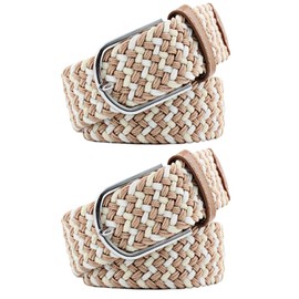 RAKUKOU Men's Mesh Belt, Set of 2, Adjustable Size, Braid, Elastic Belt, Stretchable, Casual, Business, Gentleman, khaki beige white