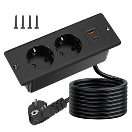 KBIBCK Einbausteckdose mit USB und Type-C, 4-in-1 Tischsteckdose, 2-Fach Einbau Steckdosenleiste, Tischplatte Versenkte mit 2M Kabel, Mehrfachstecker für Steckdose,Mehrfachsteckdose für Büro (Schwarz)