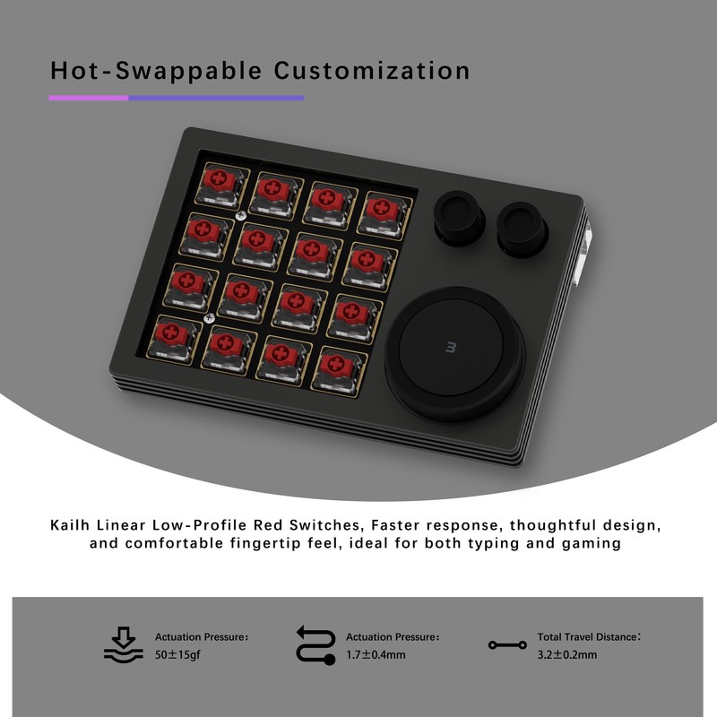 NLOFIN Programmable Keyboard,16 Key Triple Knobs Macro Keypad Programmable Designer,