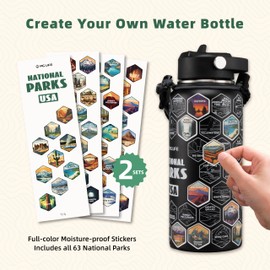 MYGLADERLIFE National Parks Water Bottle with 2 Sets Stickers and 2 Lids, 32 Oz Stainless Steel Insulated, Leakproof, BPA Free Water Bottle with Braided Rope & Compass, Cup Brush, for Camping & Hiking