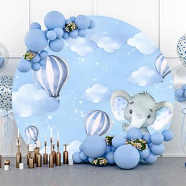Cute Elephant Round Backdrop Cover for Baby Shower Birthday Party Background Blue Sky White Clouds Backdrops Circle Arch Photo Booth Props7.2x7.2ft