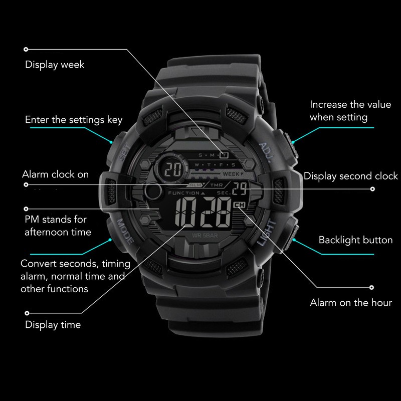 Men Dual Time Sports Watch Outdoor Waterproof PU Strap Digital