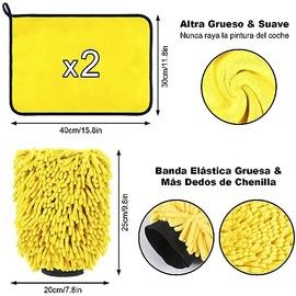 DASKING Kit Limpieza Coche, Guante y Toallas de Microfibra Premium de Lavado Coche, 2PCS Toallas (30 * 40cm) y 1PC Guante para la Limpieza de vehículo