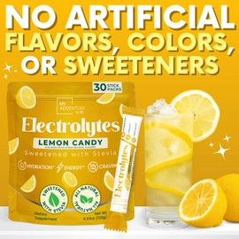 Zero Sugar Lemon Candy Electrolytes Sticks - Refreshing Hydration - Caffeine Free Energy with All Natural Ingredients - Vegan, Keto & Paleo - Sugar Free Electrolytes Powder Drink Mix - 30 Sticks