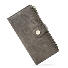 Sunpour Womens Leather Wallet RFID Blocking Slim Bifold Credit Card Holder Travel Wallet with Double Zipper Pocket (Stone-Gray)