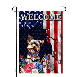 4th of July Summer Garden Flags for Outside 12x18 Double Sided, Burlap Yorkie Dog Garden Flag Patriotic Memorial Day Independence Day Fourth of July Decorations Outdoor Small Flags for Yard and Garden