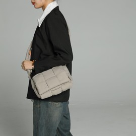 Women's shoulder bag puffer cassette purse hand woven down fabric cotton padded handbag (Camel Grey)
