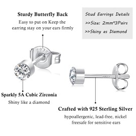 SNORSO 3 Pairs 2mm Silver Stud Earrings Set for Women Men Girls, Hypoallergenic Silver Tiny Small Round Cubic Zirconia Stud Earrings for Kids, Cartilage Sleeper Studs Earrings for Multiple Piercings