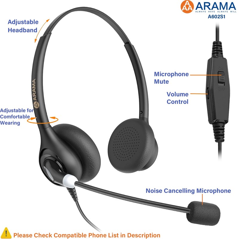 Arama Phone Headset for Office Phones for Polycom & Other