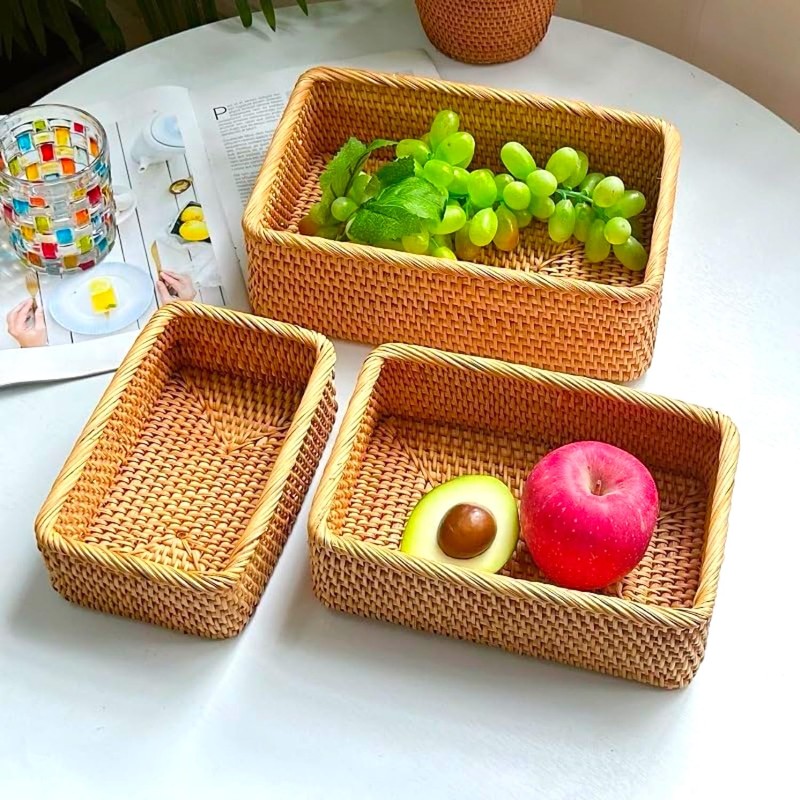 Natural Rattan Storage Baskets Set of 3 - Handwoven Wicker