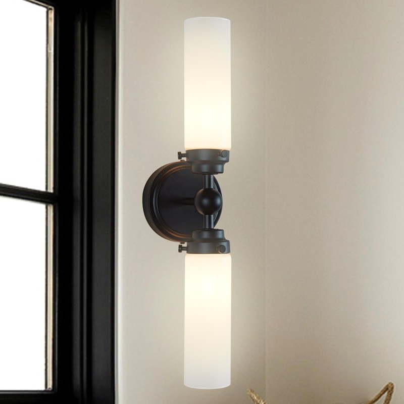 Double Cylinder Glass Wall Sconce,Modern Steel Bathroom Vanity Light, Spherical