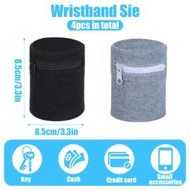 YUXMU 4Pcs Wrist Wallet, 3.3‘’ Wrist Sweat Elasticity Bands with Zipper Light Comfortable Sports Absorb Sweat Wristbands Wrist Bag for Keys ID Cards Cash