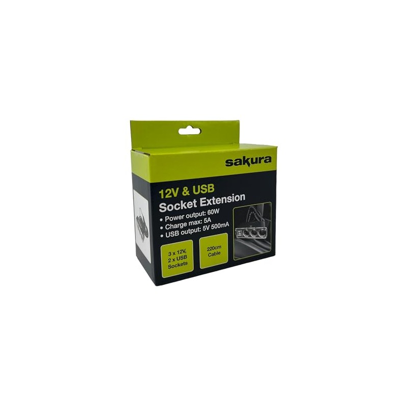 Sakura 12V 3-Socket 2 USB Socket Extension