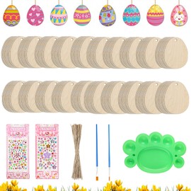 Surflyee 50 Wooden Easter Eggs for Painting, Easter Eggs Decoration, Easter Craft Set with 50 Decorative Lanyards, 2 Diamond Stickers, 1 Painting Tray and 2 Brushes