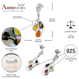 Women's Silver Earrings with Amber, Baltic Amber in Colour Cognac, Green, Lemon, Sterling Silver 925, Gift for Women, Sterling Silver, Amber