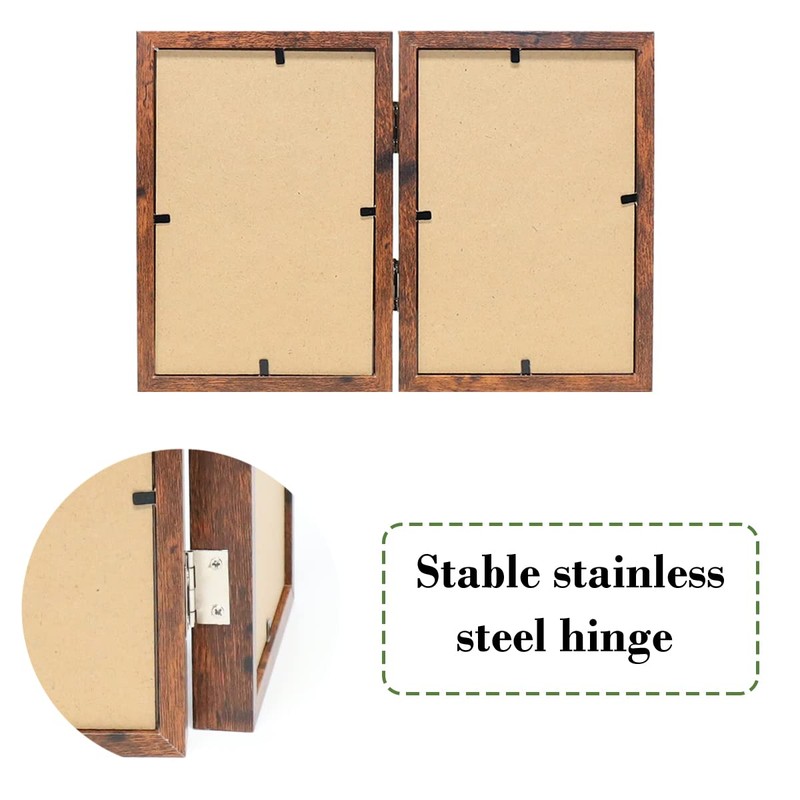 TOFOREVO 4x6 Double Picture Frame Rustic Brown Wooden Hinged Beveled