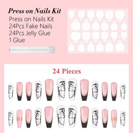 24 Pcs Press on Nails Long, Fake Nails with Nail Glue, False Nails with Designs Acrylic Nails Glue on Nails,Fake Nail for Nails Art for Women and Girls